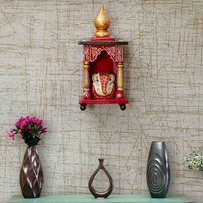 Craft Tree Decorative Handpainted Mini Pooja Mandir in Red Color Engineered Wood Home Temple
