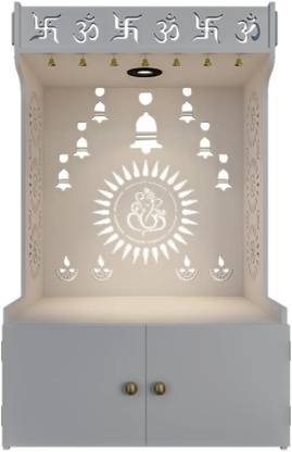 Homscape Divine Wooden White Home Temple with Spacious Shelf & Inbuilt Focus Light Engineered Wood Home Temple