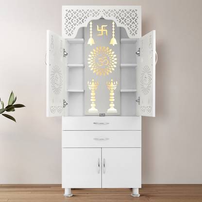 Old Wolf Furniture Big Size Designer Wooden Temple With LED Light, Tray & Drawer Storage Engineered Wood Home Temple