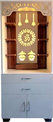 The Wooden Factory Designer Wooden pooja Mandir with LED Backlight/ Om Symbol and Kalash Design Engineered Wood Home Temple