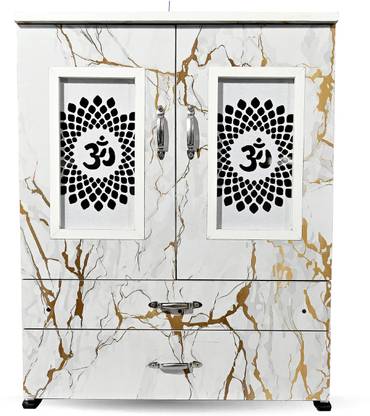 MARECARA WOODS “MARECARA Divine White Mandir – LED Light & Door | Marble Finish Engineered Wood Home Temple