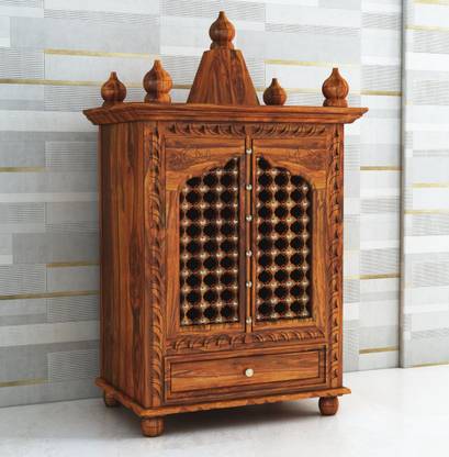 Ganpati Arts Solid Wood Temple in Brass Work with 2Doors and 1 Drawer Storage/Mandir for Home Solid Wood Home Temple