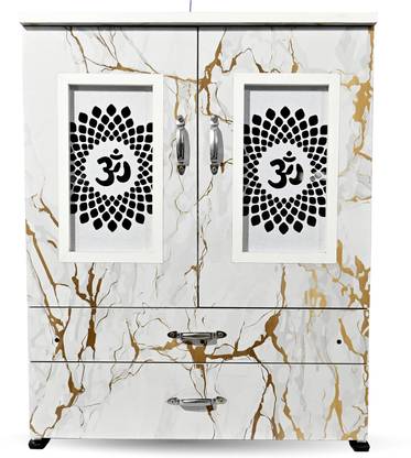 MARECARA WOODS “MARECARA Divine White Mandir – LED Light & Door | Marble Finish Engineered Wood Home Temple