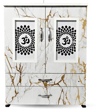 MARECARA WOODS “MARECARA Divine White Mandir – LED Light & Door | Marble Finish Engineered Wood Home Temple