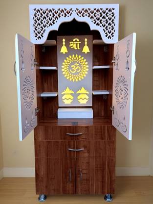 The Wooden Factory Latest Design Home Temple/OM Pooja Mandir/Pooja Unit/Home Mandir/LED Backlight Engineered Wood Home Temple