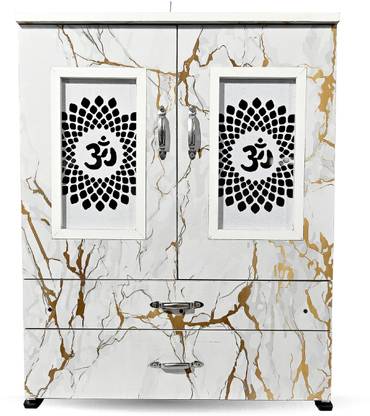MARECARA WOODS “MARECARA Divine White Mandir – LED Light & Door | Marble Finish Engineered Wood Home Temple