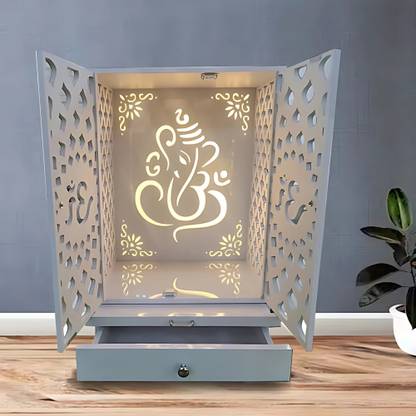 Online Mandir Store Water & Fire Resistant WPC Home Temple with Drawer and LED Lighting Engineered Wood Home Temple