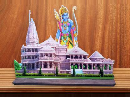 Richous Wooden Cutout Design Ayodhya Mandir with Shree Ram Photo for Spiritual Decor Engineered Wood Home Temple