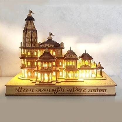 SQUARO Shri Ram Mandir Ayodhya 3D-Wooden MDF Light Illuminated Model (8 Inches) Engineered Wood Home Temple