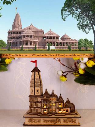 Wellberg 3D Shri Ram Mandir with Light, Souvenir of Ram Janmabhoomi Ayodhya Temple Solid Wood Home Temple