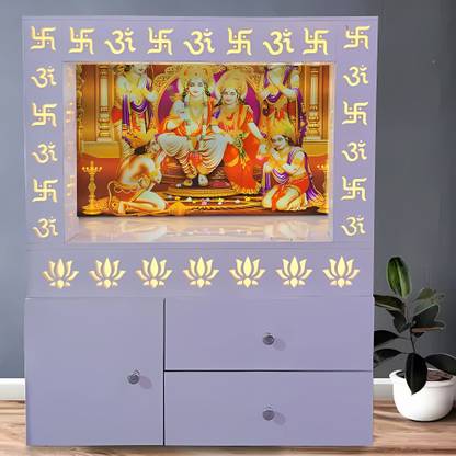 Online Mandir Store Elegant Ram Darbar Mandir with Illuminated Acrylic Design & Ample Storage Engineered Wood Home Temple
