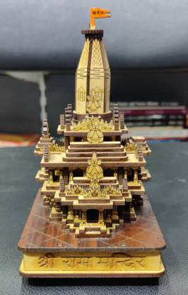 Old Ram Mandir Ayodhya Wooden Model with Flag Engineered Wood Home Temple