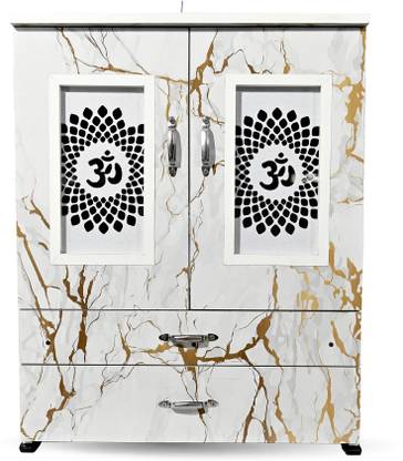 MARECARA WOODS “MARECARA Divine White Mandir – LED Light & Door | Marble Finish Engineered Wood Home Temple
