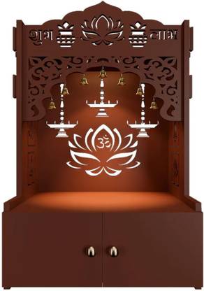 Homscape Premium Wall Temple With Inbuilt Focus Light Spacious Wooden Shelf Brown Solid Wood Home Temple
