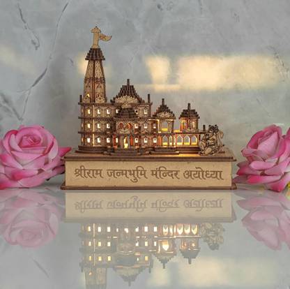 Kamco Ram Mandir Ayodhya Model 3D with Light Power Adapter and Wooden Protective Box Engineered Wood Home Temple