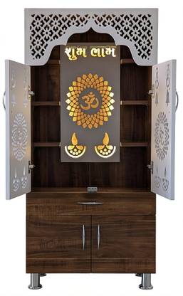 Old Wolf Furniture Temple For Home/Pooja Mandir With LED Light/Cyprus Medium & White Color Engineered Wood Home Temple