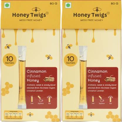 HONEY TWIGS 100% Natural & Pure Cinnamon-Infused Honey 80gms Pack of 2 (20 Twigs/Sachets)