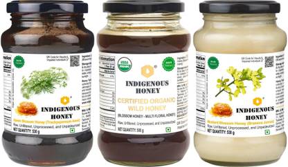 INDIGENOUS HONEY Raw Thyme honey with Certified Organic Wild Honey and Crystallized Honey
