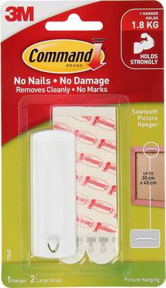 Command 3M Saw Tooth Plastic Picture Hanger,Holds upto 1.8kg, 1 hanger, 2 strips Hook 1
