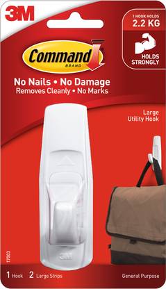 Command 3M Plastic Large Utility Wall Hook, Holds upto 2.2Kg, 2 Strips & Hook 1