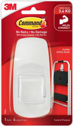 Command 3M Plastic Jumbo Utility Wall Hook, Holds upto 3.4Kg 4 strips & Hook 1