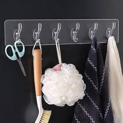 Online mart New 6 Row Transparent Wall Hooks Self Adhesive Clothes Coat Door Hanger Hook 6