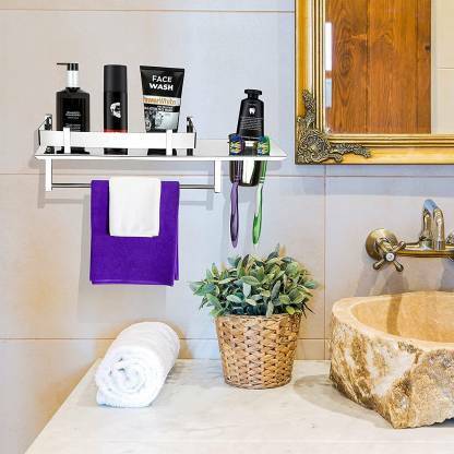 Filox Stainless Steel 3 in 1 Multipurpose Bathroom Shelf/Rack/Towel Hanger/Tumbler Holder/Chrome finish Bathroom Accessories (15 x 6 Inches) Silver Towel Holder