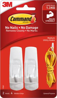 Command 3M Plastic Medium Utility Wall Hooks holds upto 1.3kg, 4 Strips Hook 2