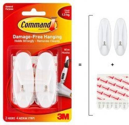 Command 3M Medium Wire Wall Plastic Hooks, Holds upto 1.3 kgs, 4 Strips Hook 2