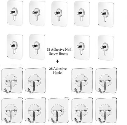 SRI 50 Pic Self Adhesive Wall Hooks, No Drilling 25 Hook & 25 Screw total Hook 50