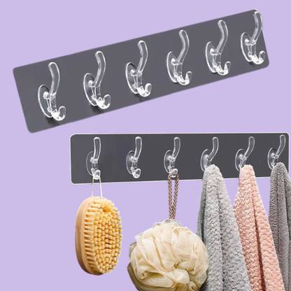 Jantrex Wall Mounted Plastic Six Rows Rack Hook Self Adhesive Towel Coat Hooks Hook Rail 6