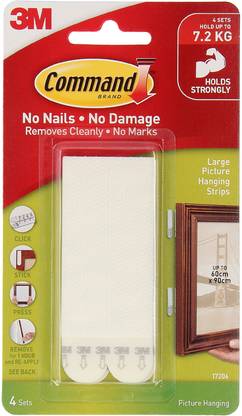 Command 3M Large Picture Hanging Strips, Holds upto 7kg, Self Adhesive, 4 Pairs Hook 1