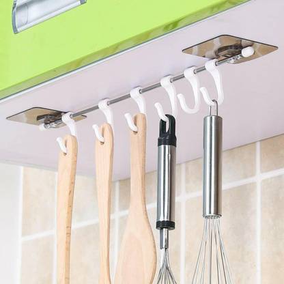 Nav Care Self-Adhesive Stainless-Steel Rod with 6 Hooks Wall Mounted Hanging Rack Holder Hook 6