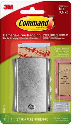 Command 3M Jumbo Metal Picture Hanger, 1 hanger, 4 large strips, 4 mini strips Hook 1