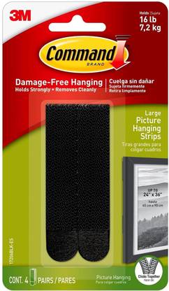Command 3M Large Picture Hanging Strips, Holds upto 7.2Kg, Black, 4 Pairs Hook 1