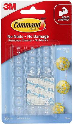 Command 3M Plastic Clear Decorating & Organizing Wall Hooks, 24 Strips Hook 20