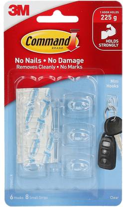 Command 3M Plastic Clear Mini Wall Hooks, Holds upto 225g, 8 Strips & Hook 6
