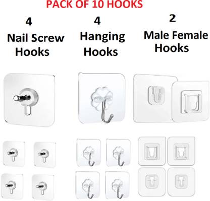 QinPin Combo of Adhesive Wall Hanging, Nail Screw and Male Female Hooks Hook 10