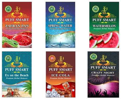 Puff Smart Premium Herbal Hookah Molasses Ex On The Beach, Spring Water, Zafran Pan, Watermelon, Ice Cola, Crazy Night Hookah Flavor