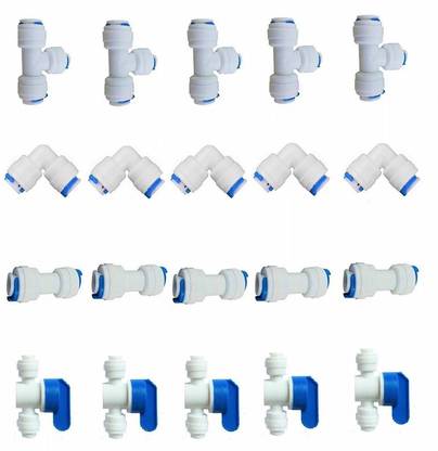 Aameria RO 1/4" OD Quick Connect Push in to Connect for RO Water RO Water Purifer System Tube Fitting Set of 20 pcs (on-off Ball Valve+Tee+Pipe Jointer+ Push to Push Elbow Connector) Hose Connector