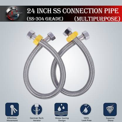 Clinton Stainless Steel 304 Grade Connection Pipe, Chrome Finish (1/2-inch, 24-inch) Pack of 2 pcs Hose Connector