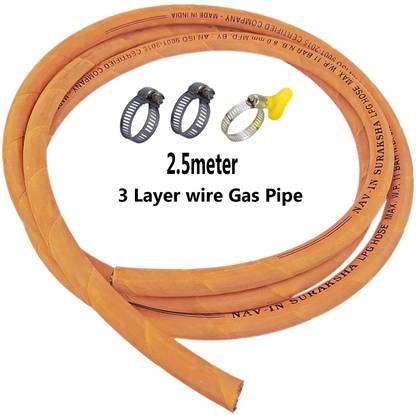 ESEKSAFAR Heavy duty wire LPG Gas Pipe 2.5 meter & 3pcs Clamp 8mm 3 Layer wire Hose Pipe