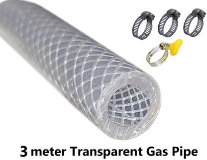 ESEKSAFAR 3 meter Transparent LPG Gas Pipe & 4pc Clamps Internal Pipe size 8mm for Home, Restaurants Hose Pipe