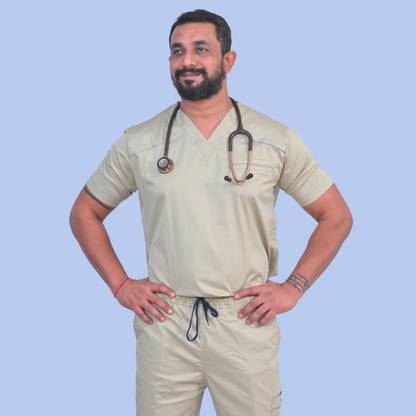 MedTogs Indie Beige V neck stretch cotton scrubs - S Pant, Shirt Hospital Scrub
