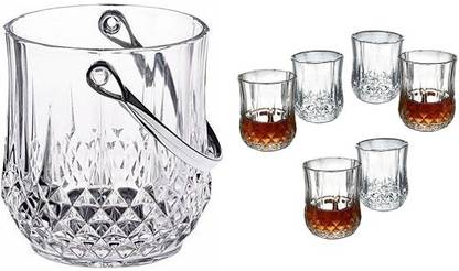 S1Store 1 L Glass Italian Premium Crystal Clear Ice Bucket Set With Tong And 6 Whisky Glass BQ Ice Bucket