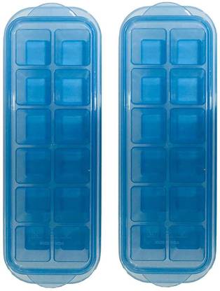 CONQUER Small POP-UP Ice Cube Tray with 12 Flexible Silicon Bottom and Lid Blue Plastic Ice Cube Tray
