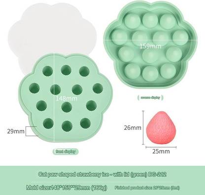 IM UNIQUE Cat Paw Shaped Strawberry ice-With Lid (Green)148*159*29mm(166g) Green Silicone Ice Cube Tray