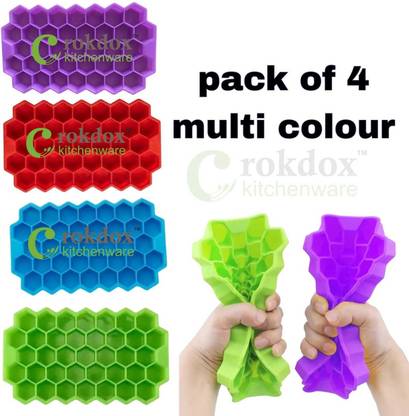 Rokdox Ice Cube Tray for Freezer Flexible Silicone Honeycomb Design 37 Cavity Blue, Purple, Red, Green Silicone Ice Cube Tray (Pack of4)