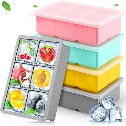 DHONI Large Square Easy-Release Stackable Ice Cube Mold Maker With Fitting Lids Multicolor Silicone Ice Cube Tray