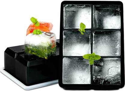 ARYA Silicone Large Ice Cube Tray for Freezer Makes 6 Large Square Mold Black Silicone Ice Cube Tray